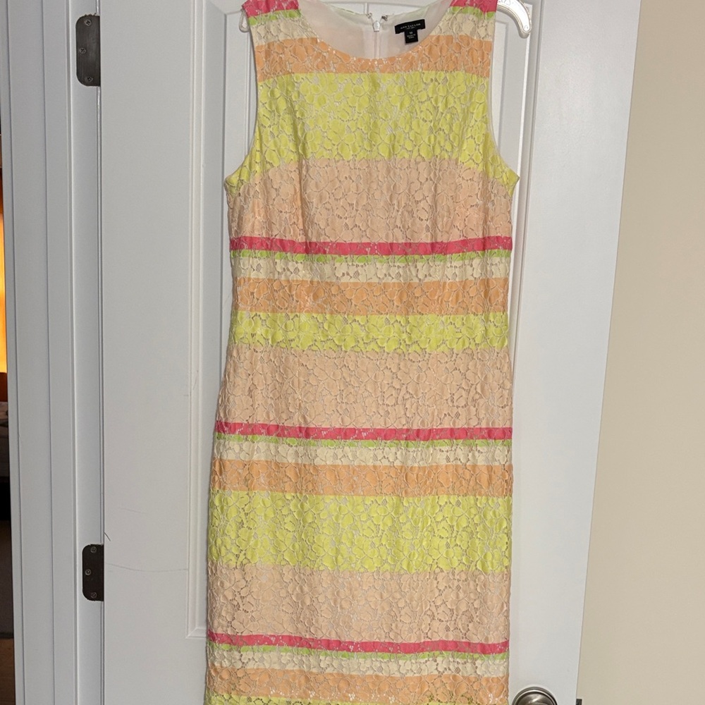 Ann Taylor Sleeveless Lace Stripe Shift Dress in Pastel Yellow & Peach size 10